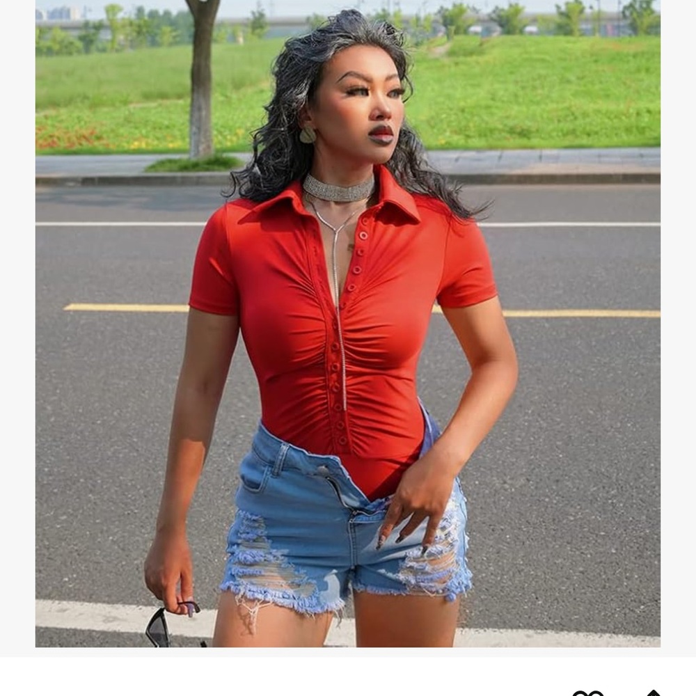 Amazon Red Ruched Button-Up Bodysuit